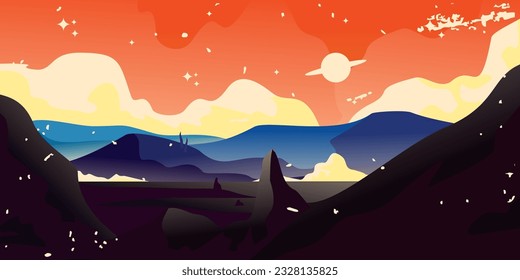 vector landscape mountains rocks with orange sky and moon background