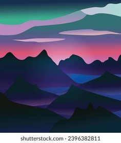 
Vector landscape with mountains, sea, sunset. Beautiful landscape of mountains silhouettes and colorful sunset. Flat vector design.