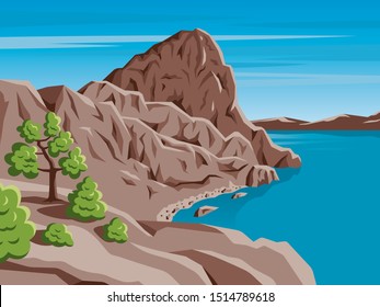 Vector landscape of mountains and sea. A vivid illustration of a beach, a clear lake, or the sea against the mountains.