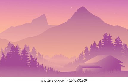 Vector landscape with mountains and  spruce forest and a hut. Flat landscape in violet and pink colours with woods, mountains and a cabin  for printing and web-design.