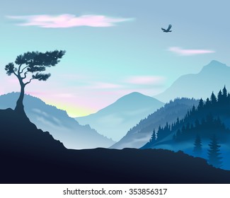 Vector landscape of mountains at sunrise