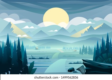 Vector landscape with mountains, sunset and fir-trees.