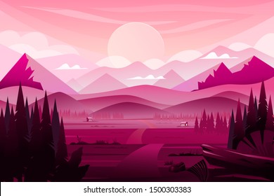 Vector landscape with mountains, sunset and fir-trees.