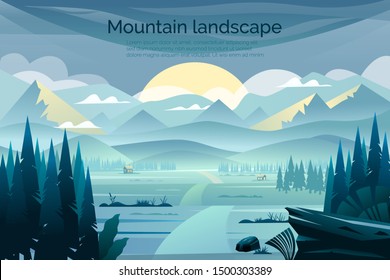 Vector landscape with mountains, sunset and fir-trees.