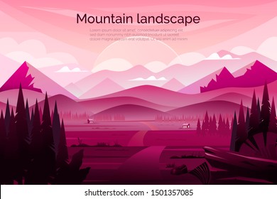 Vector landscape with mountains, sunset and fir-trees.