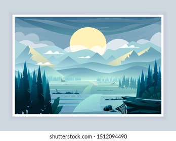 Vector landscape with mountains, sunset and fir-trees.
