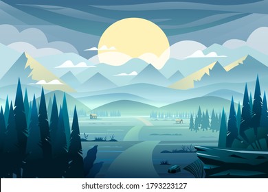 Vector landscape with mountains, sunset and fir-trees.