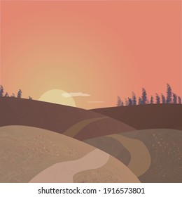 Vector landscape with mountains, sunset and a forest