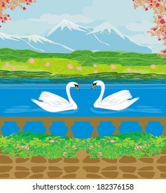 Vector landscape with mountains and swans on the lake 