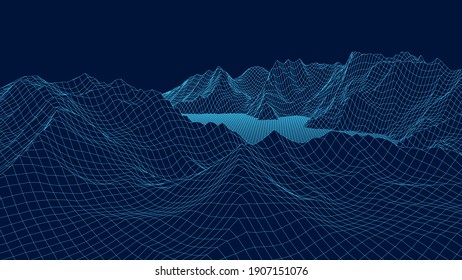 Vector landscape of mountains. Technology futuristic illustration. Vector background of wireframe 3d landscape.