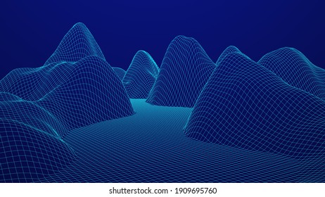 Vector landscape of mountains. Technology futuristic illustration. Vector background of wireframe 3d landscape.