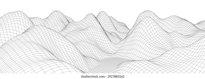 El paisaje vectorial de las montañas. Ilustración tecnológica futurista. Fondo vectorial del panorama 3d del alambre.