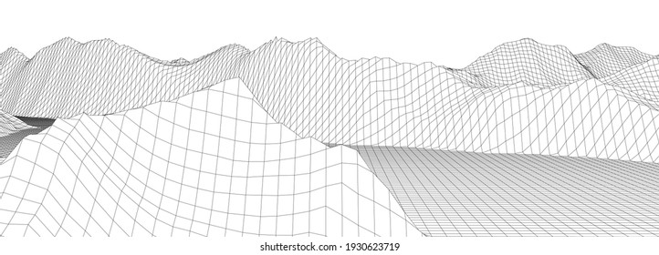 Vector landscape of mountains. Technology futuristic illustration. Vector background of wireframe 3d landscape.