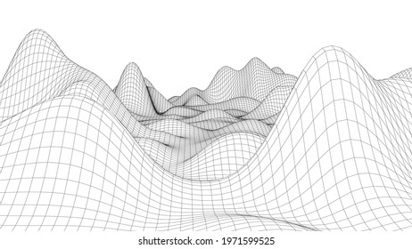 Vector landscape of mountains. Technology futuristic illustration. Vector background of wireframe 3d landscape.