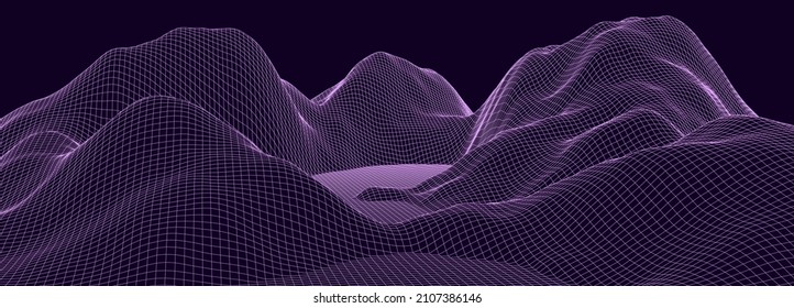 Vector landscape of mountains. Technology futuristic illustration. Vector background of wireframe 3d landscape.