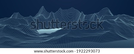 Vector landscape of mountains. Technology futuristic illustration. Vector background of wireframe 3d landscape.