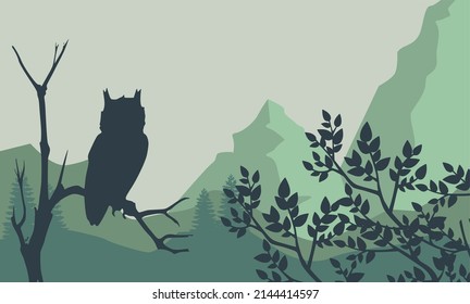 Vector landscape of mountains, with trees and a sitting owl on the branches. Landscape in green colors.