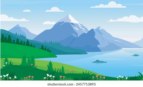 vector landscape with mountains under blue sky