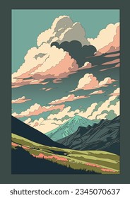 montañas de paisaje vectorial con nubes muy hermosas