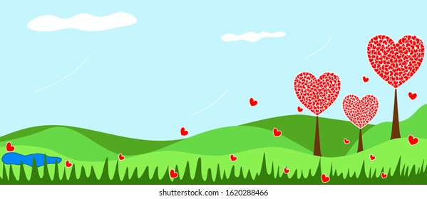 Vector - Landscape of natural view. Green grass, 3 red heart tree and flower. Copy space. Can be use for any card, banner, poster, print, paper or web. Spring, summer, Autumn, Easter.