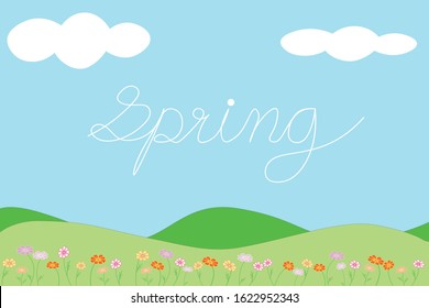 Vector - Landscape of natural view. Green grass, cosmos flower on blue sky. Copy space. Can be use for any card, banner, poster, print, paper or web. Spring, summer, Autumn, Easter.