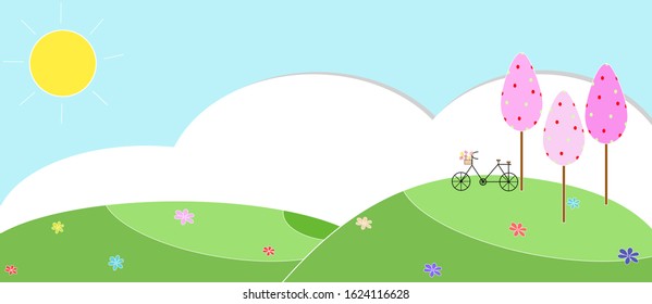 Vector - Landscape of natural view. Green grass, pink tree, flower and bicycle. Copy space. Can be use for any card, banner, poster, print, paper or web. Spring, Summer, Autumn, Easter.