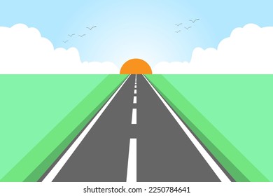 Vector landscape nature background.Road in autumn,clouds on the blue sky. Flat style illustration of spring nature.