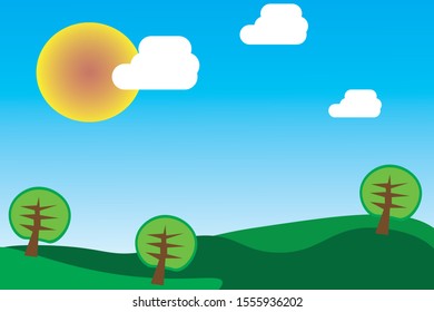 vector landscape nature with green mountain sun white cloud tree blue sky background vector eps 10