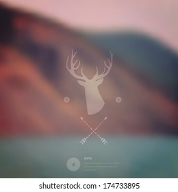 Vector landscape, nature, mobile template. Corporate website design. Minimalistic web multifunctional media backdrop. Editable. Blurred background. Deer head badge. Arrows. Tribal. Native, aztec