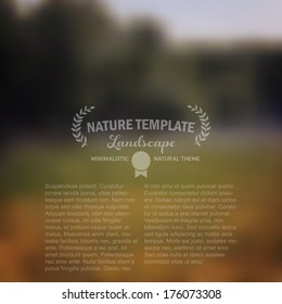 Vector landscape, nature web, magazine, mobile template. Corporate website design. Multifunctional media backdrop. Deer head. Vector blurred background. Wreath badge label. Hipster. 