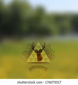 Vector landscape, nature web and mobile template. Corporate website design. Multifunctional media backdrop. Deer head. Vector blurred background. Triangle floral badge label. Arrows. Hipster. 