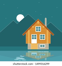 Vector landscape with night mountain landscape and a wooden log house on the banks of a river or lake; for printing on banners, business cards, posters or digital icons, labels, t-shirt