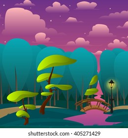 Vector landscape of night park with trees, little bridge over river and lamp. Vector illustration in cartoon style.