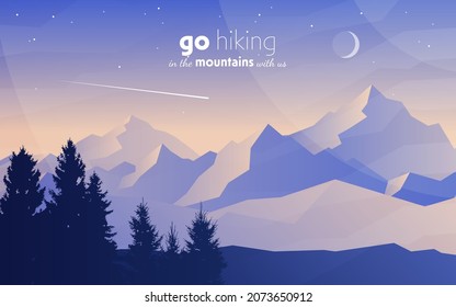 Vector landscape, night scene in nature with mountains and forest, silhouettes of trees. Hiking tourism. Adventure. Minimalist graphic flyers. Polygonal flat design for coupons, vouchers, gift cards