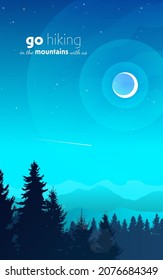 Vector landscape, night scene in nature with mountains and forest, silhouettes of trees. Hiking tourism. Adventure. Minimalist graphic flyers. Polygonal flat design for coupons, vouchers, gift cards