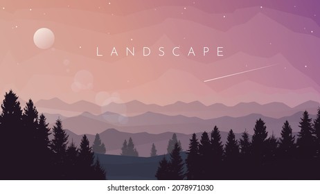 Vector landscape, night scene in nature with mountains and forest, silhouettes of trees. Hiking tourism. Adventure. Minimalistic graphic flyers. Polygonal flat design for coupons, vouchers, gift cards