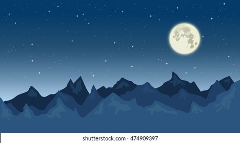 Vector landscape of nightly mountains, moon and sky full of stars. Background for web design.
