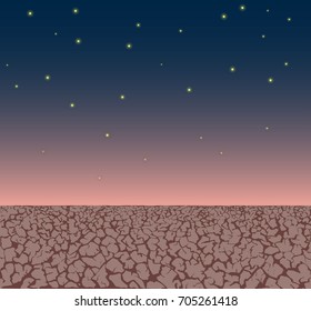 a vector landscape of a nighty desert with a starry night; a beautiful scene with hand drawn elements of cracked ground