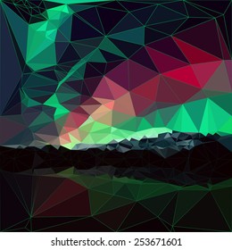 Vector landscape with the northern lights. Polygonal stylization.