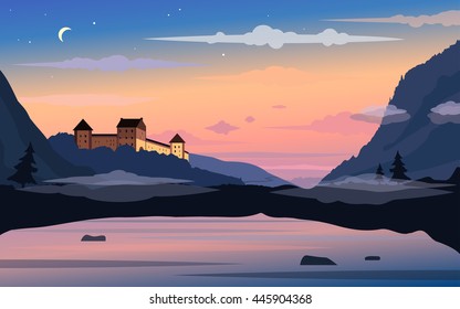 Vector landscape with old castle on a sunset background.
