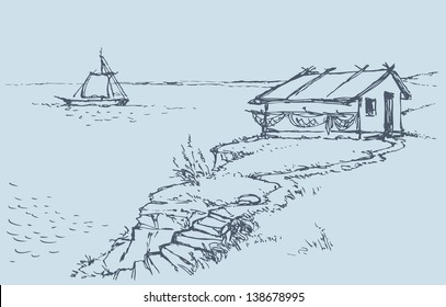 Vector landscape. The old fisherman's hut on a cliff above the quiet sea bay