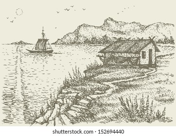 Vector landscape. The old fisherman's hut on a cliff above the quiet sea bay 