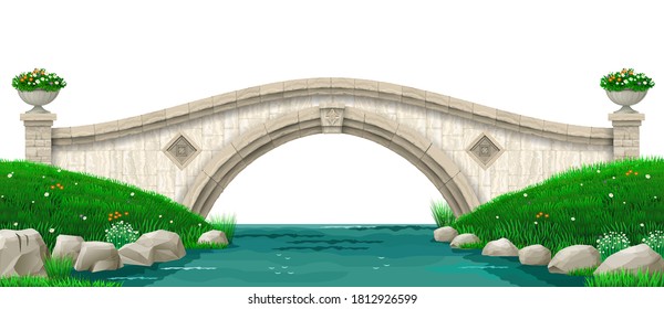 Vector landscape. Old stone bridge over the stream. Park with green lawn and hills