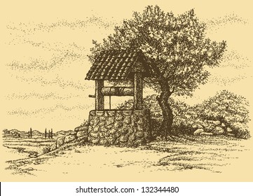 Vector landscape. Old well in the shade of lush tree on the hill