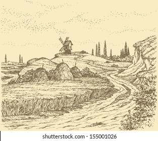 Vector landscape. Old windmill on a hill above the river, surrounded by fields of wheat