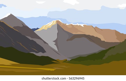 Vector landscape. Landscape on the background of beautiful mountains. Bright, colorful background.