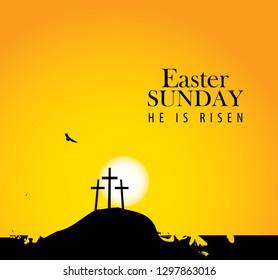Vector landscape on religious theme with words Easter Sunday, He is risen. Easter illustration with mount Calvary and a silhouettes of three crosses at sunset. Banner for Easter or good Friday