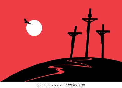 Vector landscape on religious theme with mount Calvary and a silhouettes of three crosses with crucified people at sunset. Banner for Easter or good Friday