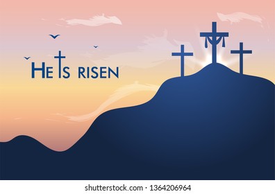 Vector landscape on religious theme with words Easter Sunday, He is risen. Easter illustration with mount Calvary and a silhouettes of three crosses at sunset. Banner for Easter or good Friday