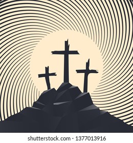 Vector landscape on religious theme. Easter illustration with mount Calvary and a silhouettes of three crosses at sunset. Banner for Easter or good Friday